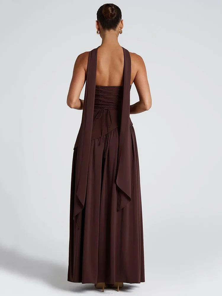 Rococo Revival Strapless Maxi Dress – Off-Shoulder Gown with Scarf Collar and Thigh-High Split