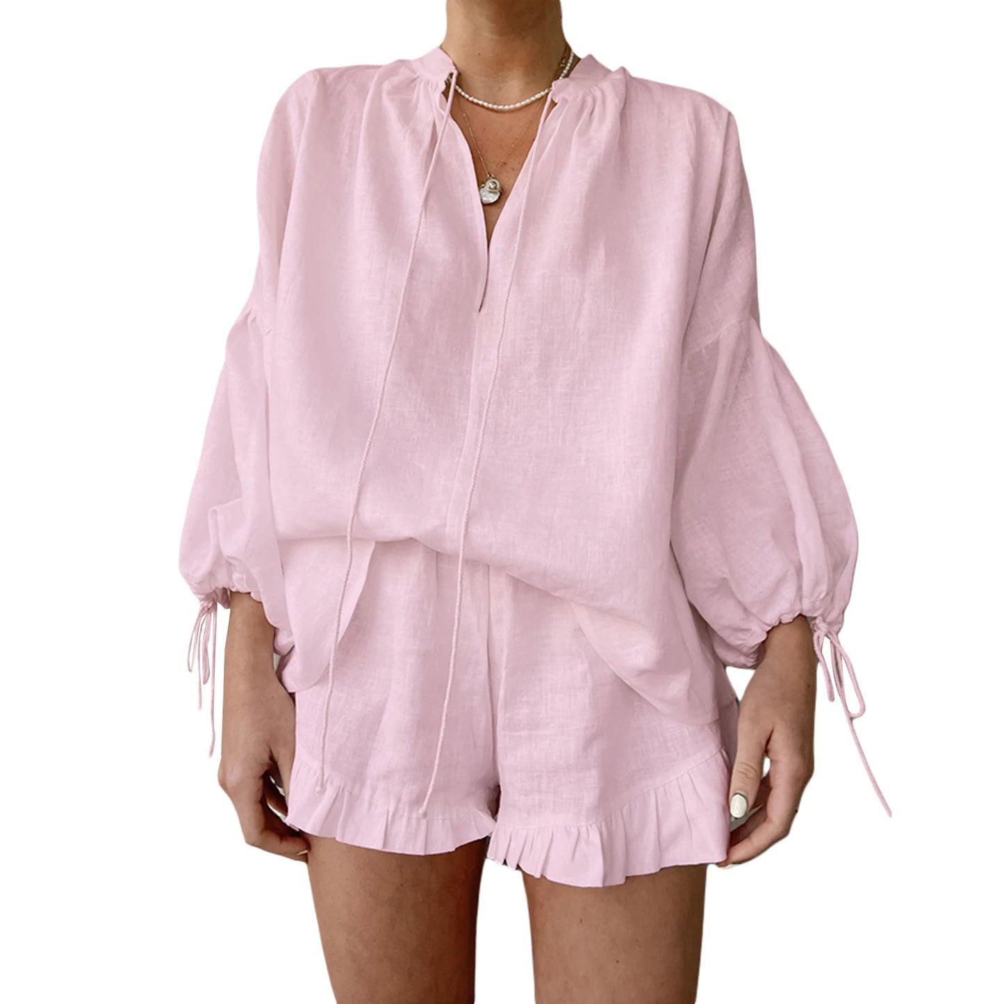 Trendy Y2K Two Piece Set With V Neck Blouse And Relaxed Retro Shorts For Summer