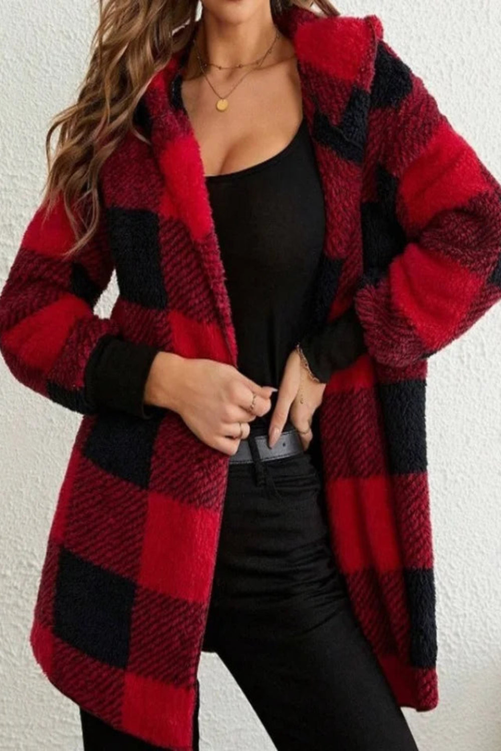 Soft Plush Outerwear With Long Sleeves And Plaid Style For Winter Fall Fashion