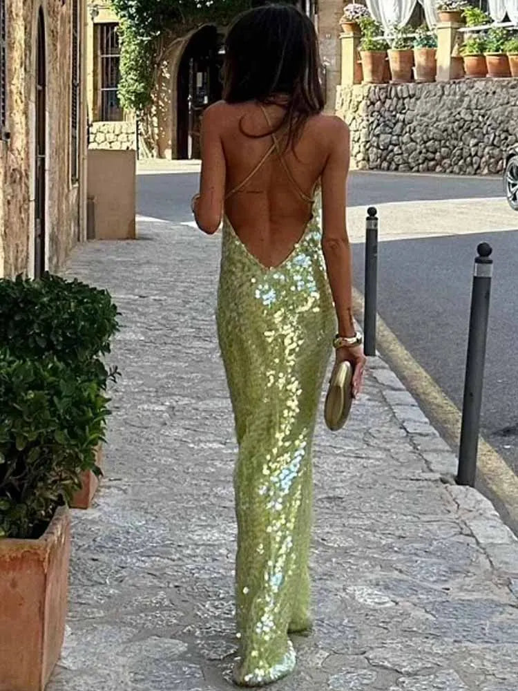 Glam Sequin Halter Maxi Dress – Backless Glitter U-Neck Evening Gown for Women, Summer 2025 Beach Party Look
