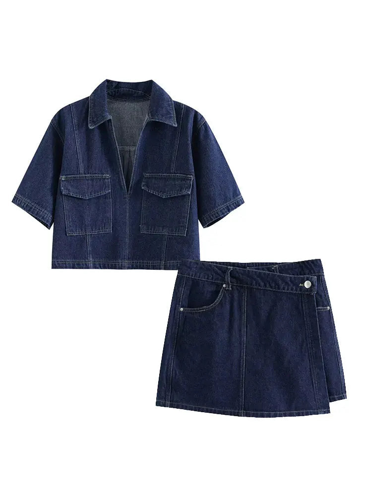 Summer Outfit Set Featuring Denim Shirt And Trendy Skirt For Casual Outfits