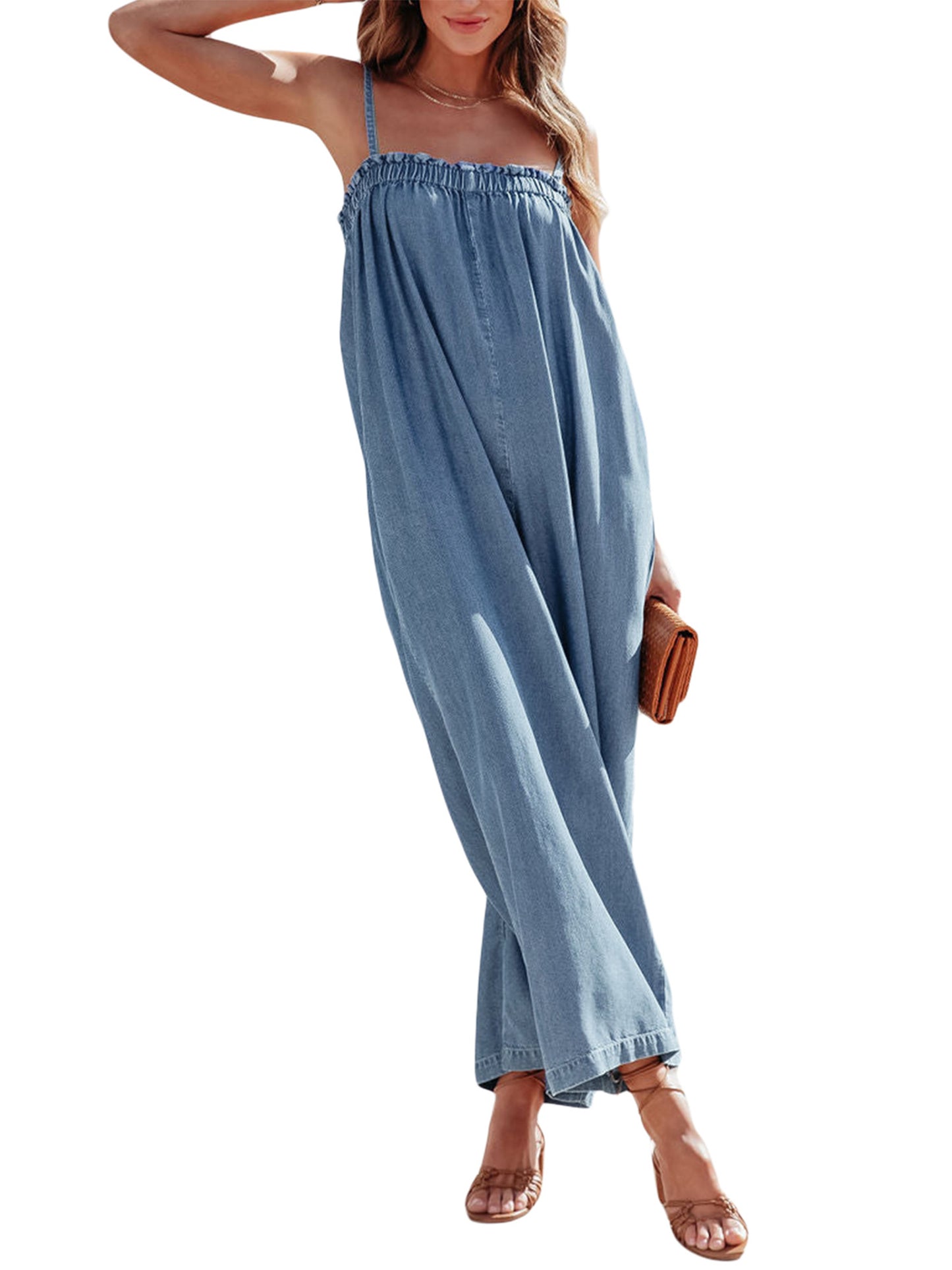 Solid Color Long Romper For Women Featuring Strappy Top And Relaxed Summer Style