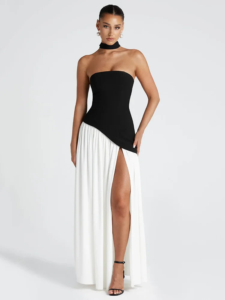 Rococo Revival Strapless Maxi Dress – Off-Shoulder Gown with Scarf Collar and Thigh-High Split