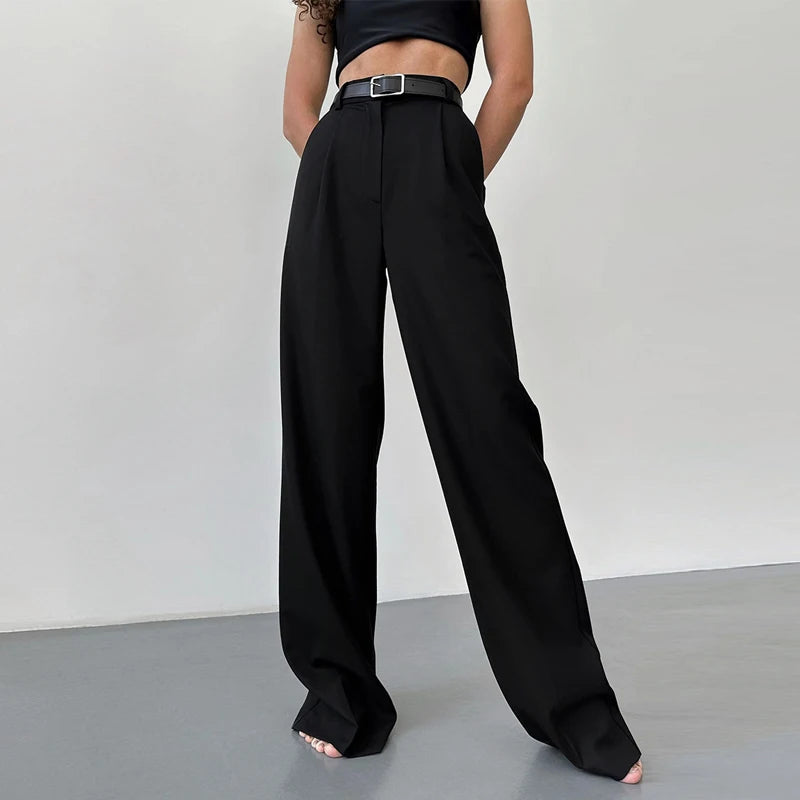 Fall 2025 Elegantcore High Waisted Black Straight Trousers with Tailored Wide Leg Silhouette for Chic Office to Evening Transitions