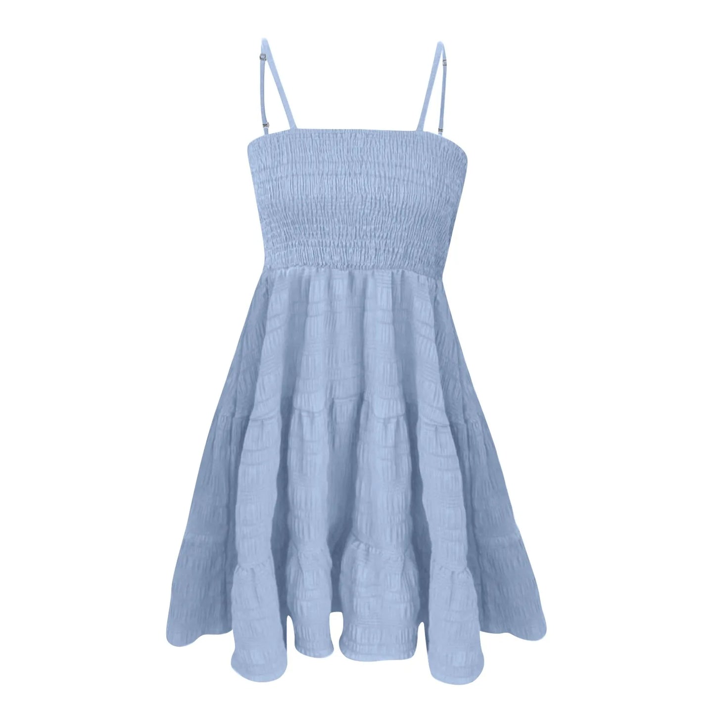 Boho-Chic Ruffled Mini Sundress – Sleeveless, Backless, Spaghetti Straps, Solid Color Swing Dress for Women