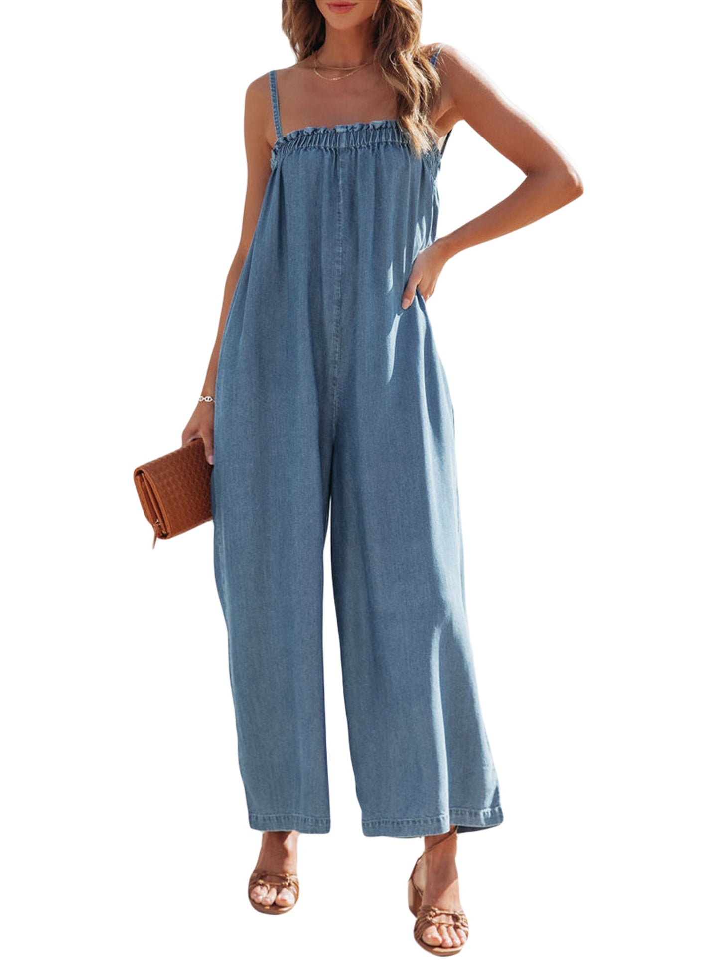 Solid Color Long Romper For Women Featuring Strappy Top And Relaxed Summer Style