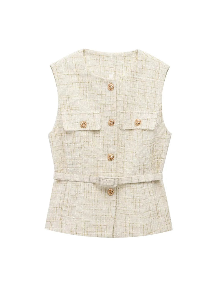 Sleeveless Tweed Waistcoat With Button Front For Trendy Outfit Ideas