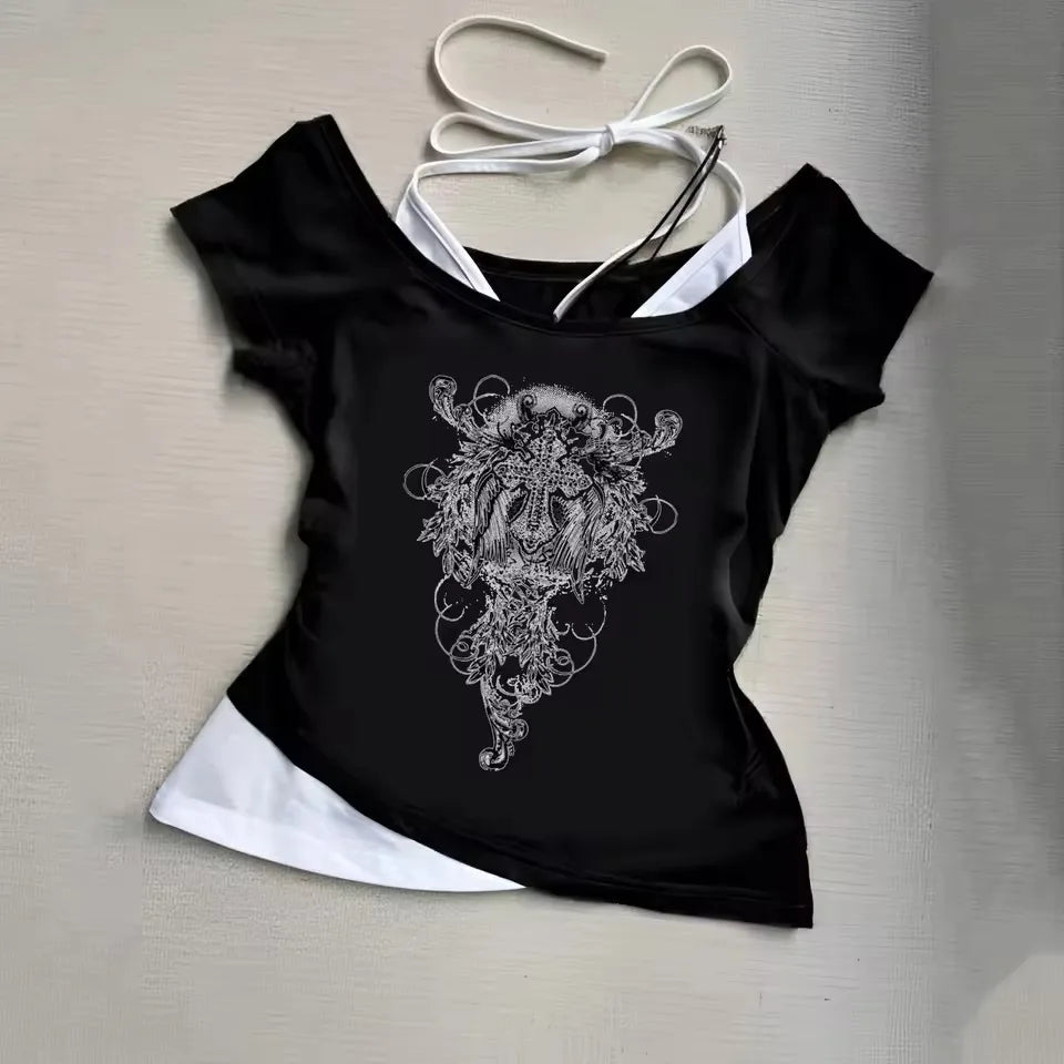 Vintage Millennium Era Short Sleeve Top With Y2K Aesthetic Patterns