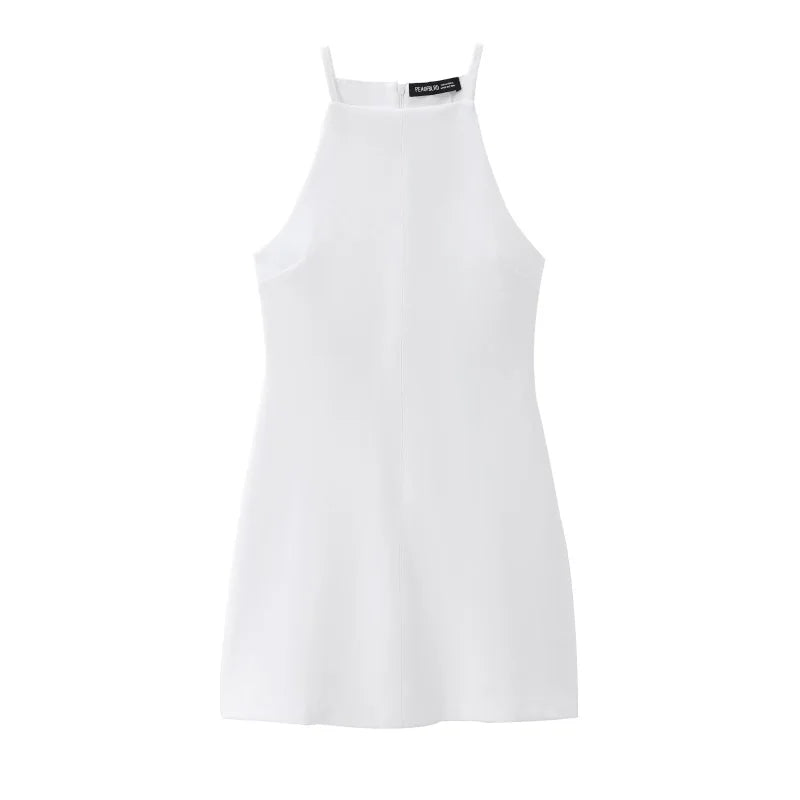 Moto Boho Interlock Halter Dress – Sexy Sleeveless A-Line Fitted Dress in Stretchy Flexible Knitted Fabric
