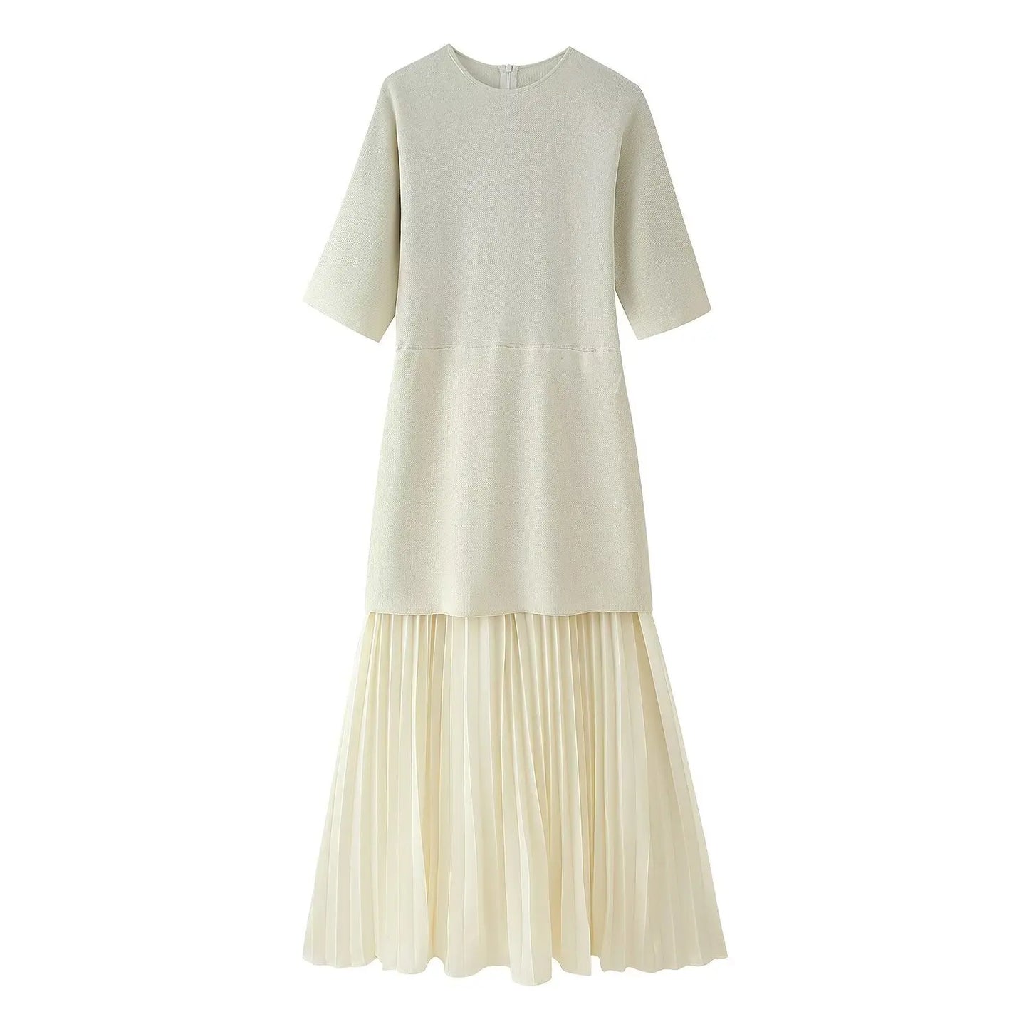 Spring Dress Outfit With Pleated Skirt And Half Sleeves For Vintage Casual Looks