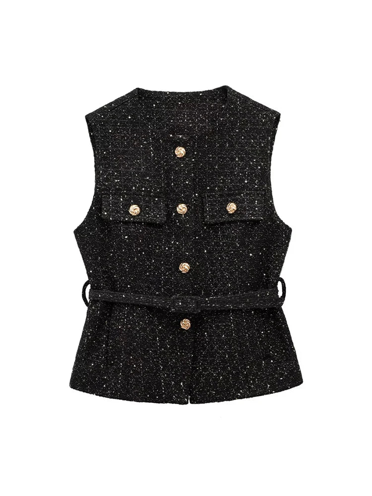Sleeveless Tweed Waistcoat With Button Front For Trendy Outfit Ideas