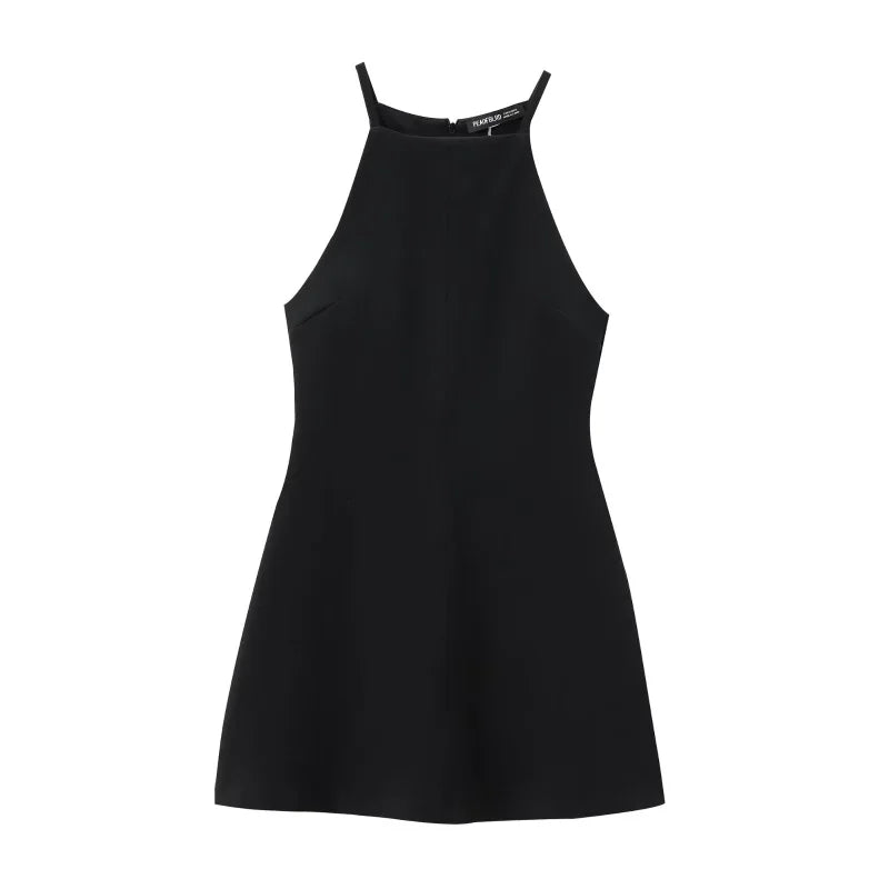 Moto Boho Interlock Halter Dress – Sexy Sleeveless A-Line Fitted Dress in Stretchy Flexible Knitted Fabric
