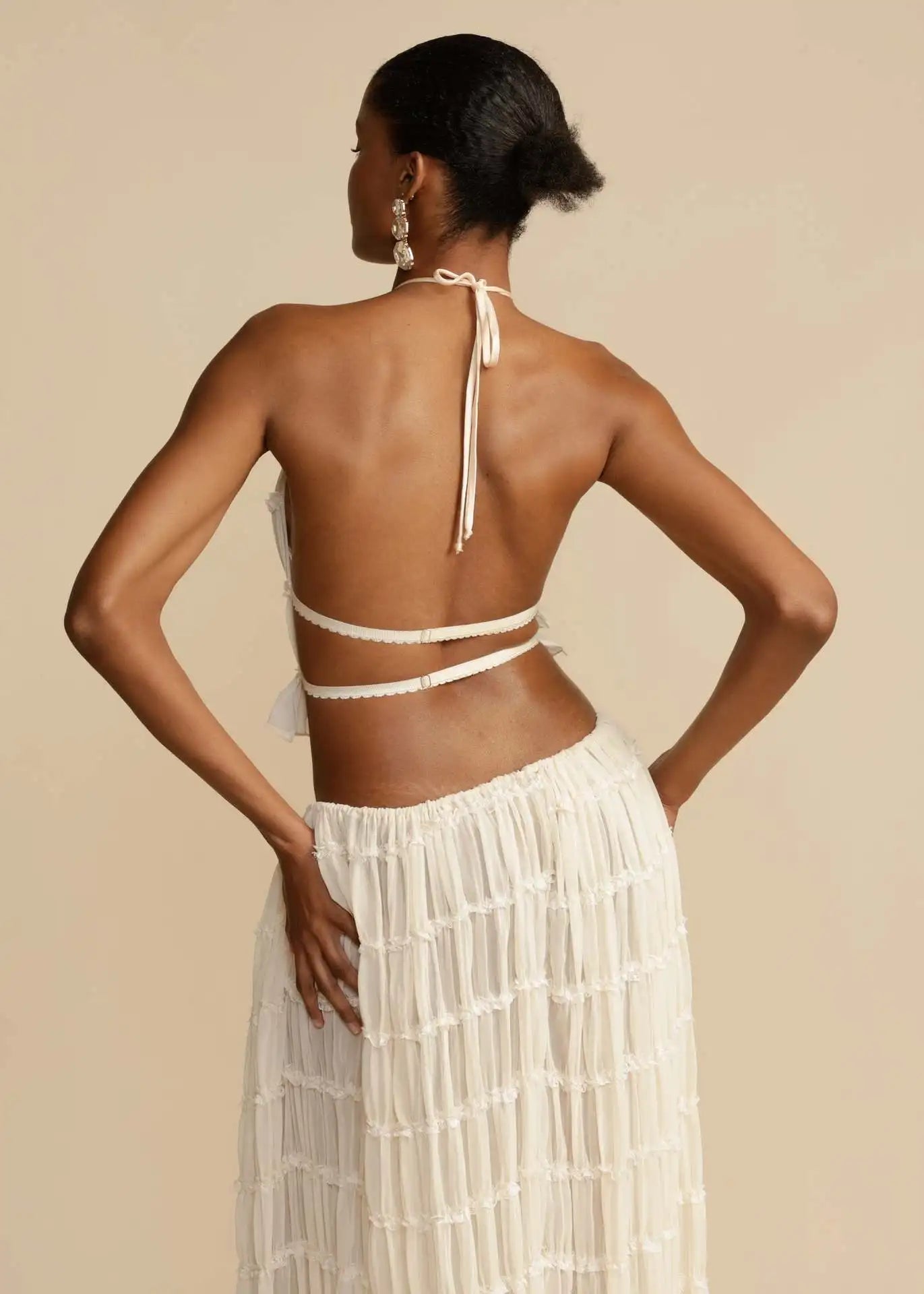 Chic Lace Up Backless Halter Top And Long Fold Maxi Skirt Set For Trendy Summer Style
