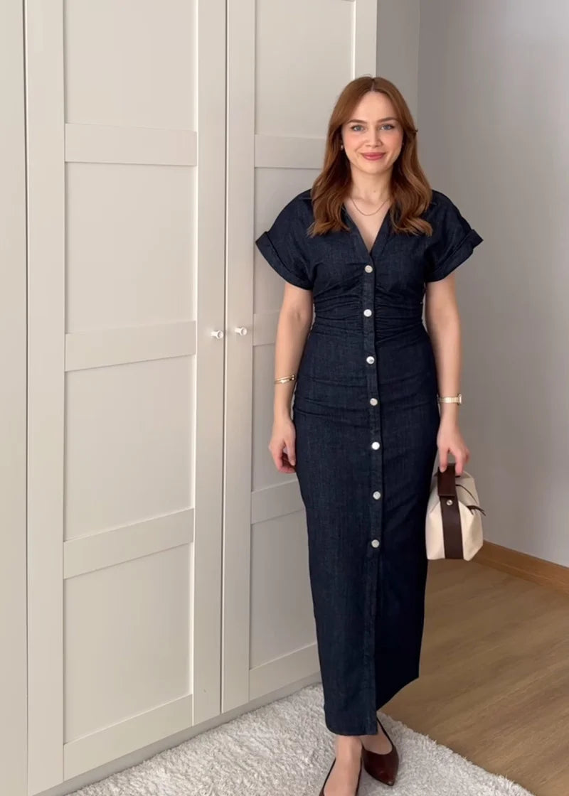 Denim Dress With Zipper And Lapel For Spring Fashion Outfits Casual