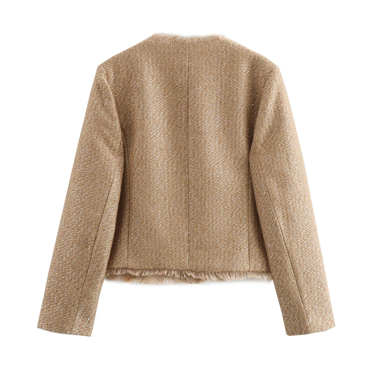 Chic Tweed Crop Jacket with Frayed Details and Button-Up Style