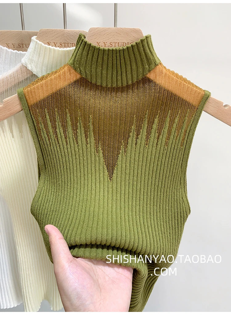 Y2K Mesh Knit Cut Out Tank Top for Women Sleeveless Half Neck Slim Fit Summer Streetwear Aesthetic Retro Sweater Vest 2025 Trend