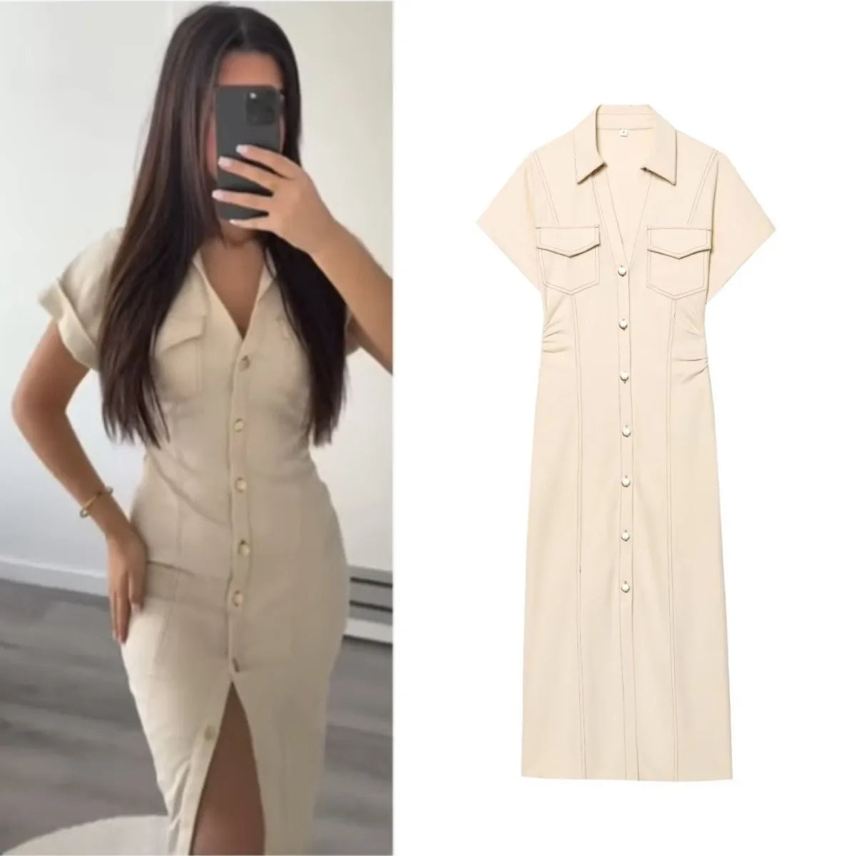 Denim Dress With Zipper And Lapel For Spring Fashion Outfits Casual