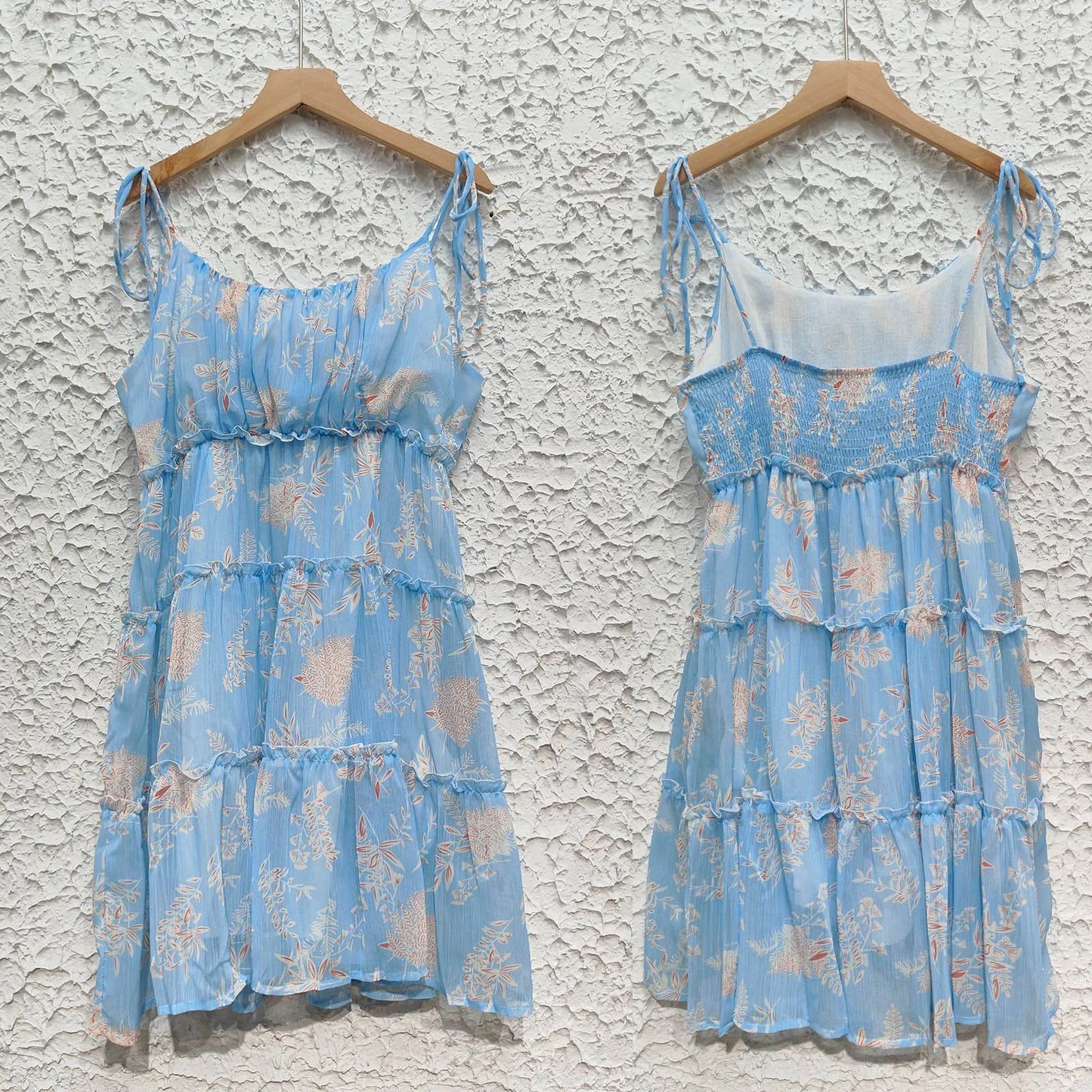 Boho Floral Backless Chiffon Sundress – Layered Ruffles, Strappy Sleeveless Holiday Mini Dress for Summer 2025