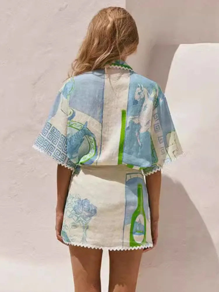 Retro Summer Co Ord Set With Fashion Print Ruffle Blouse And Y2K Skirt Vibes
