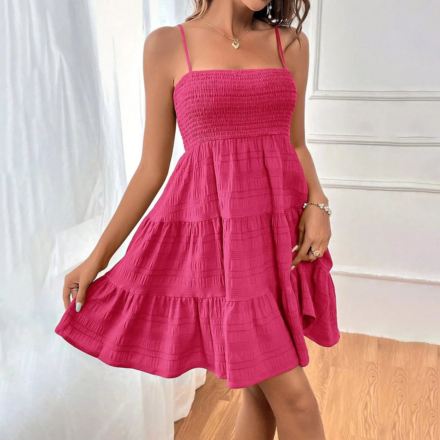 Boho-Chic Ruffled Mini Sundress – Sleeveless, Backless, Spaghetti Straps, Solid Color Swing Dress for Women