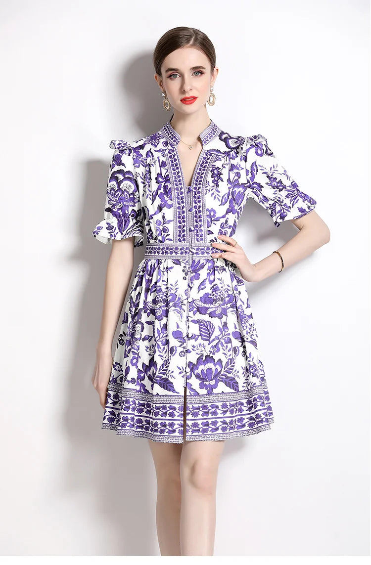 V-Neck Summer Dress Style Featuring Flower Prints And Flowy Ruffle Design