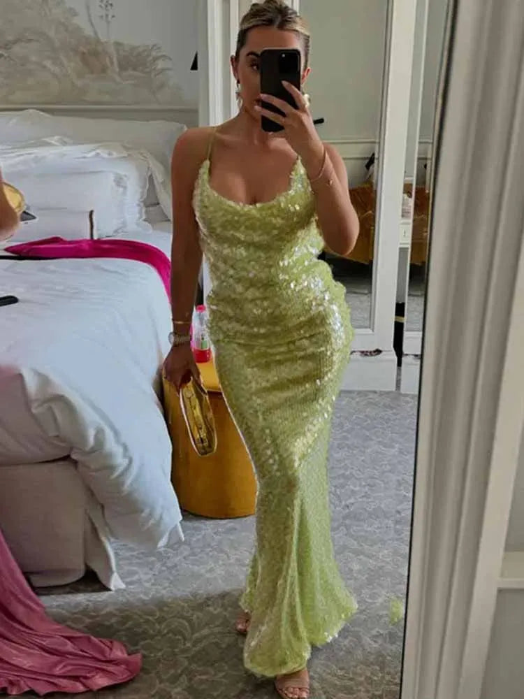 Glam Sequin Halter Maxi Dress – Backless Glitter U-Neck Evening Gown for Women, Summer 2025 Beach Party Look