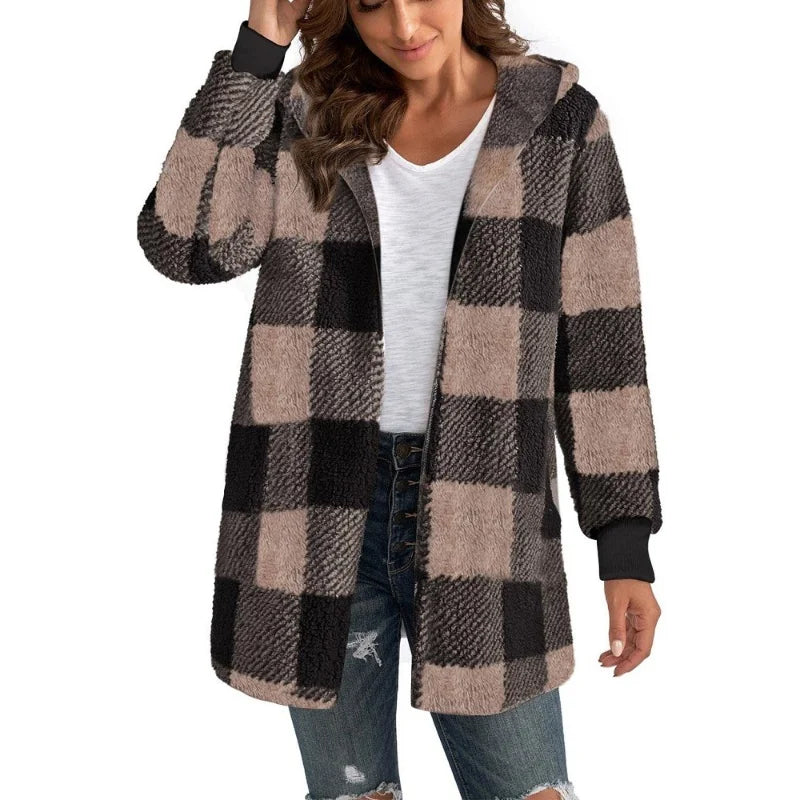 Soft Plush Outerwear With Long Sleeves And Plaid Style For Winter Fall Fashion