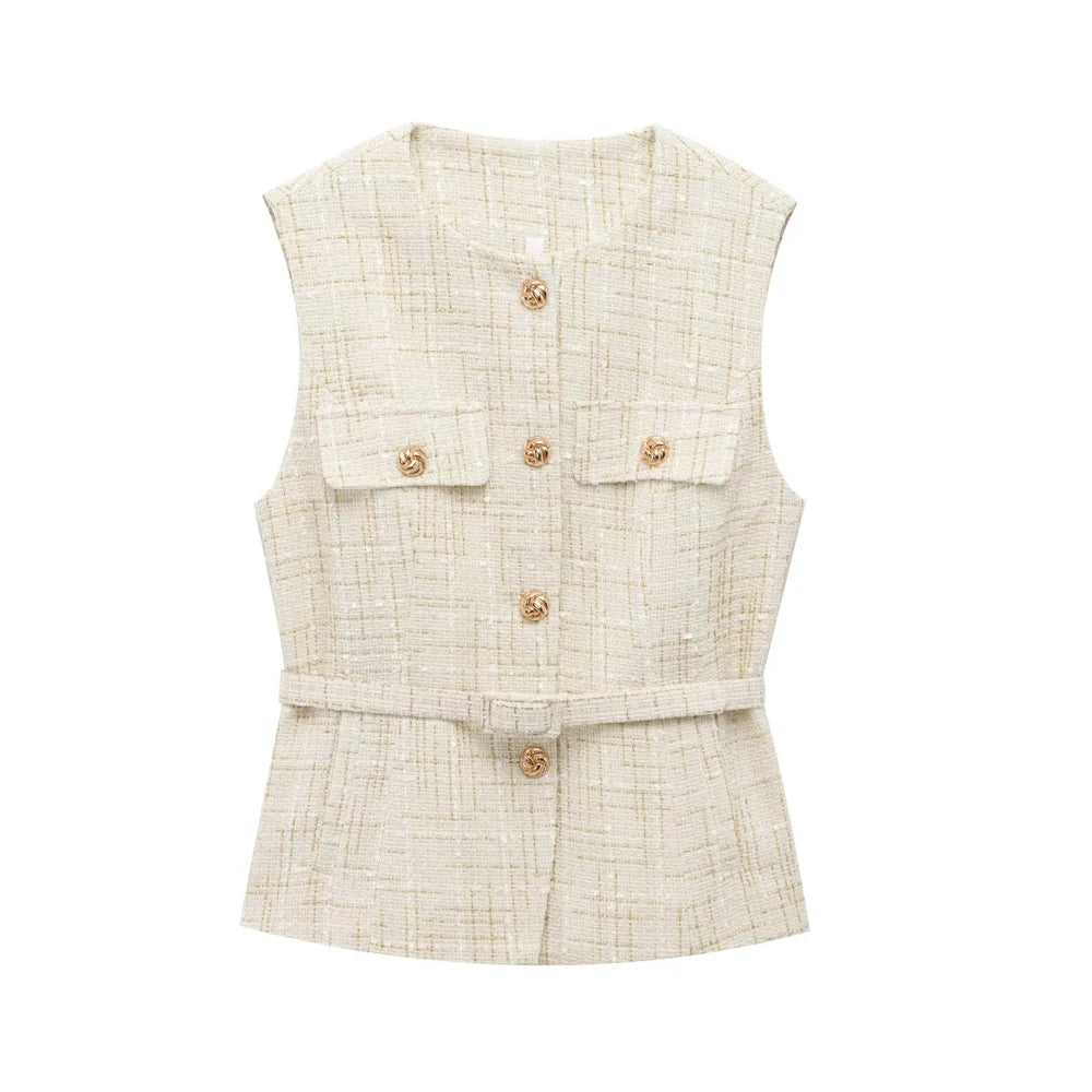 Sleeveless Tweed Waistcoat With Button Front For Trendy Outfit Ideas