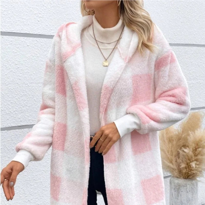 Soft Plush Outerwear With Long Sleeves And Plaid Style For Winter Fall Fashion