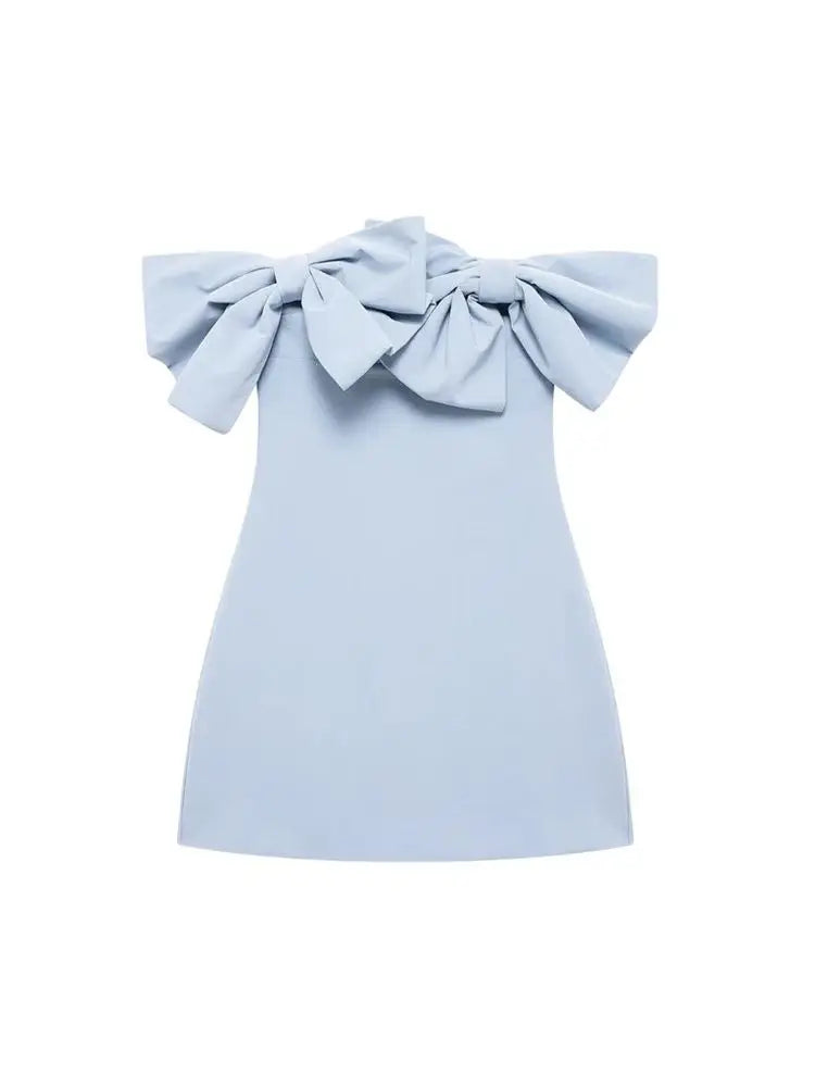 Strapless Mini Dress with Statement Bows – Off-the-Shoulder, Straight Neck, Back Zipper, Sexy Fashion for Women