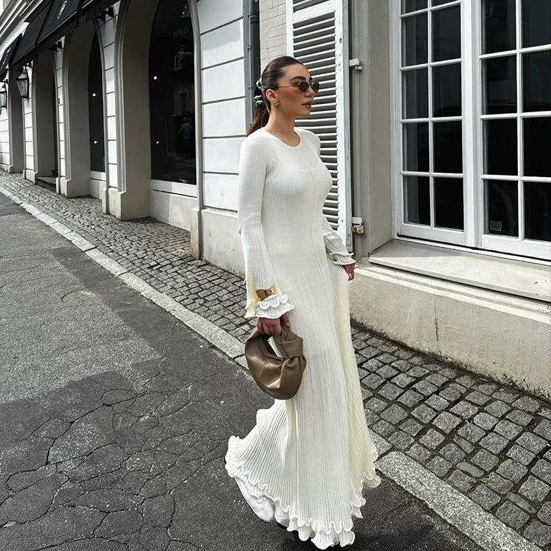 Rococo Revival Ruffled Pleated Long Dress – Elegant Loose Fit O-Neck Flare Party Dress for Women, Autumn Winter Fashion