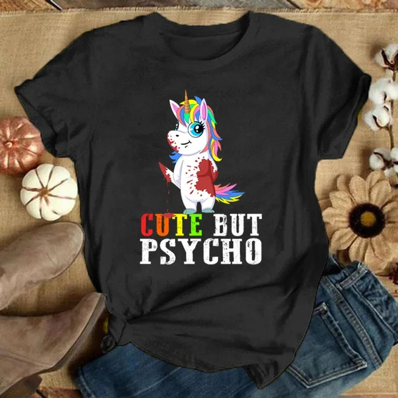 MythiCore MoodSwing Tee – Ecliptic Unicorn SketchTop for Offbeat Queens Unicorn Pattern Cute But Psycho Printed T-Shirt Summer Women T Shirt Casual Streetwear Short Sleeve Round Neck Clothes