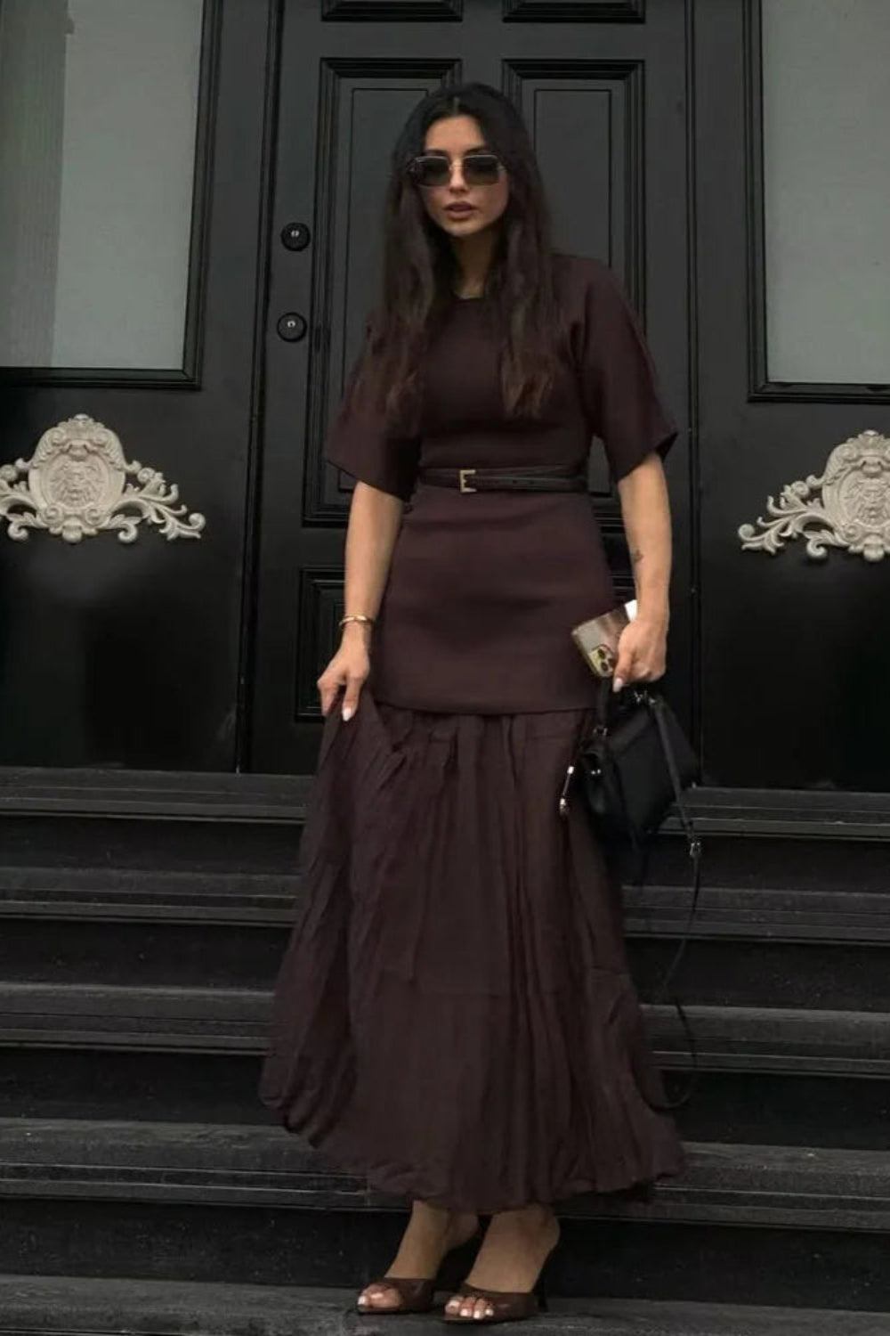Spring Dress Outfit With Pleated Skirt And Half Sleeves For Vintage Casual Looks