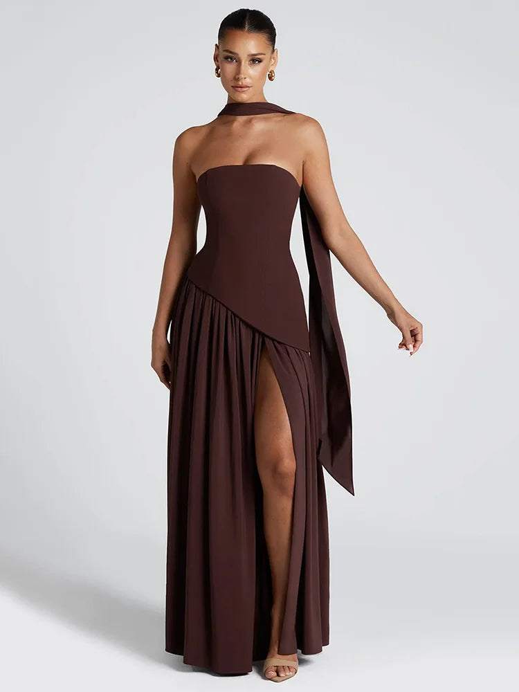 Rococo Revival Strapless Maxi Dress – Off-Shoulder Gown with Scarf Collar and Thigh-High Split