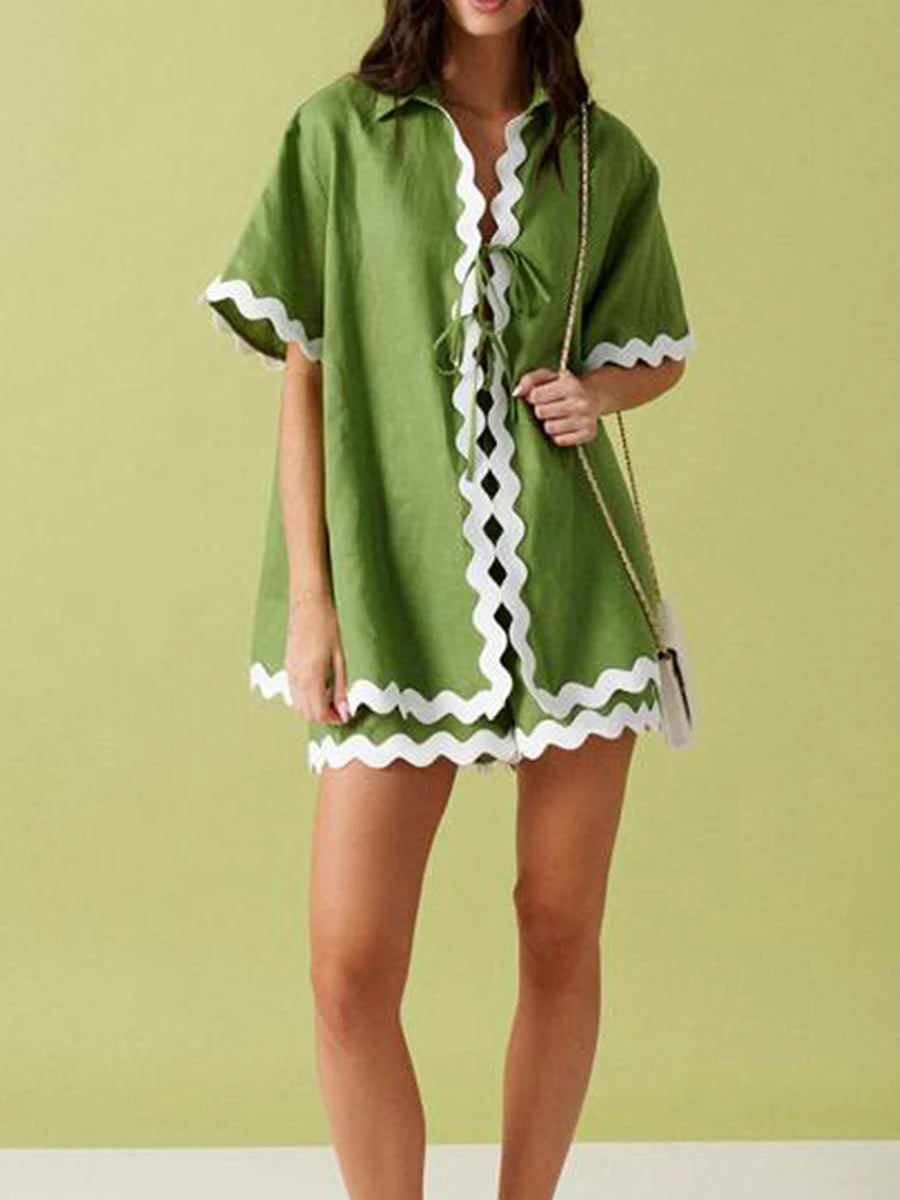 2 Piece Outfit for Women Cozy Pajama Set with Ric Rac Trim and Summer Shorts