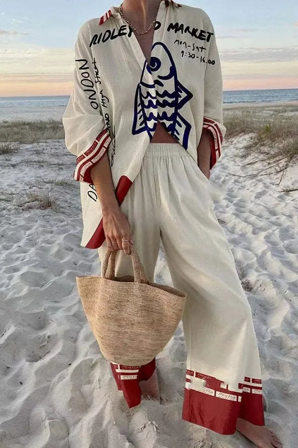 Beachy Two Piece Outfit With Loose Shirt And Wide Leg Bottoms For Summer Outfits Casual