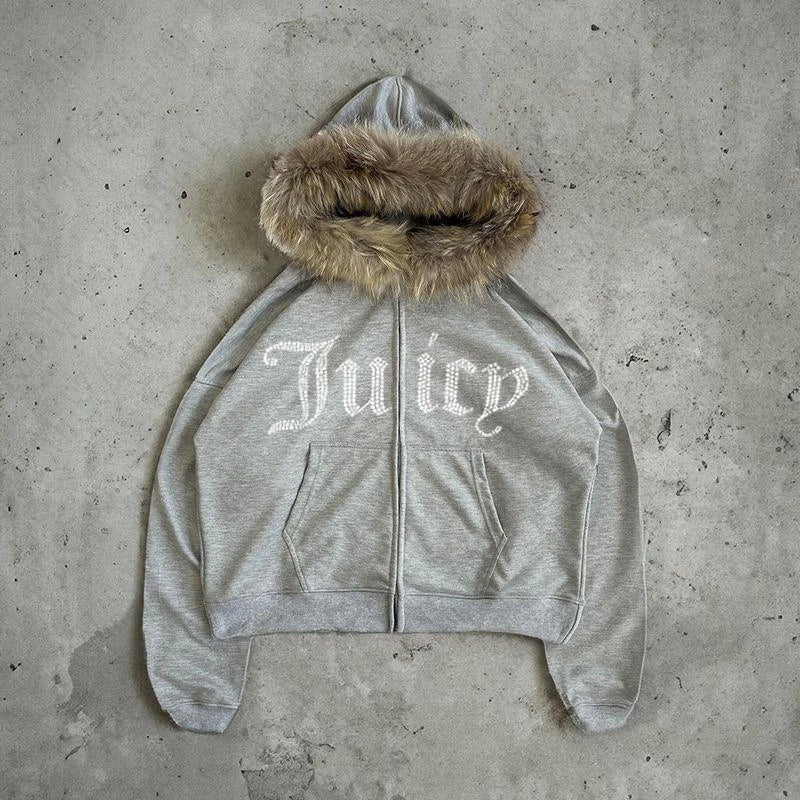 Y2K Streetwear Fall Outfit Casual Zip Up Hoodie With Fur Collar