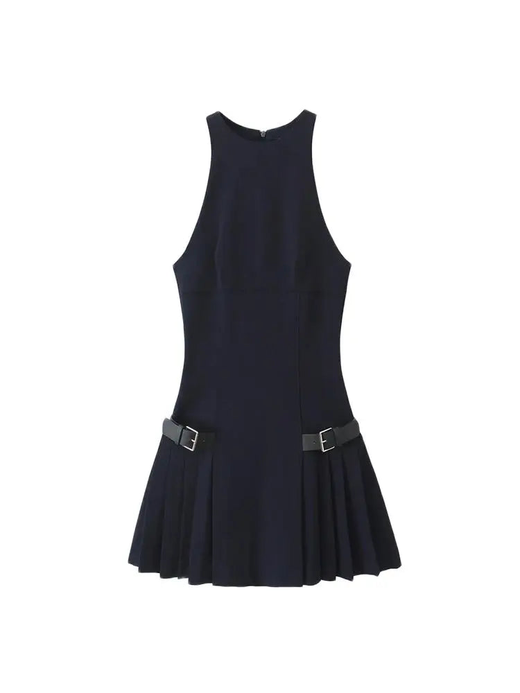 Cherry Coded Goddess Halter Mini Dress – Pleated with Side Loops, Back Zipper, and Chic Design