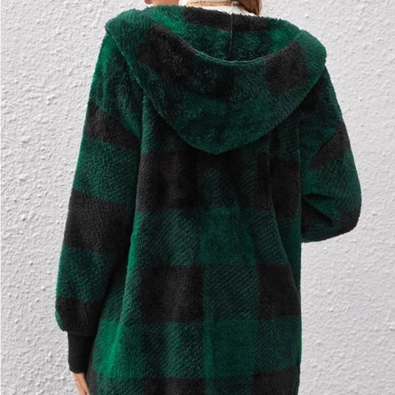 Soft Plush Outerwear With Long Sleeves And Plaid Style For Winter Fall Fashion