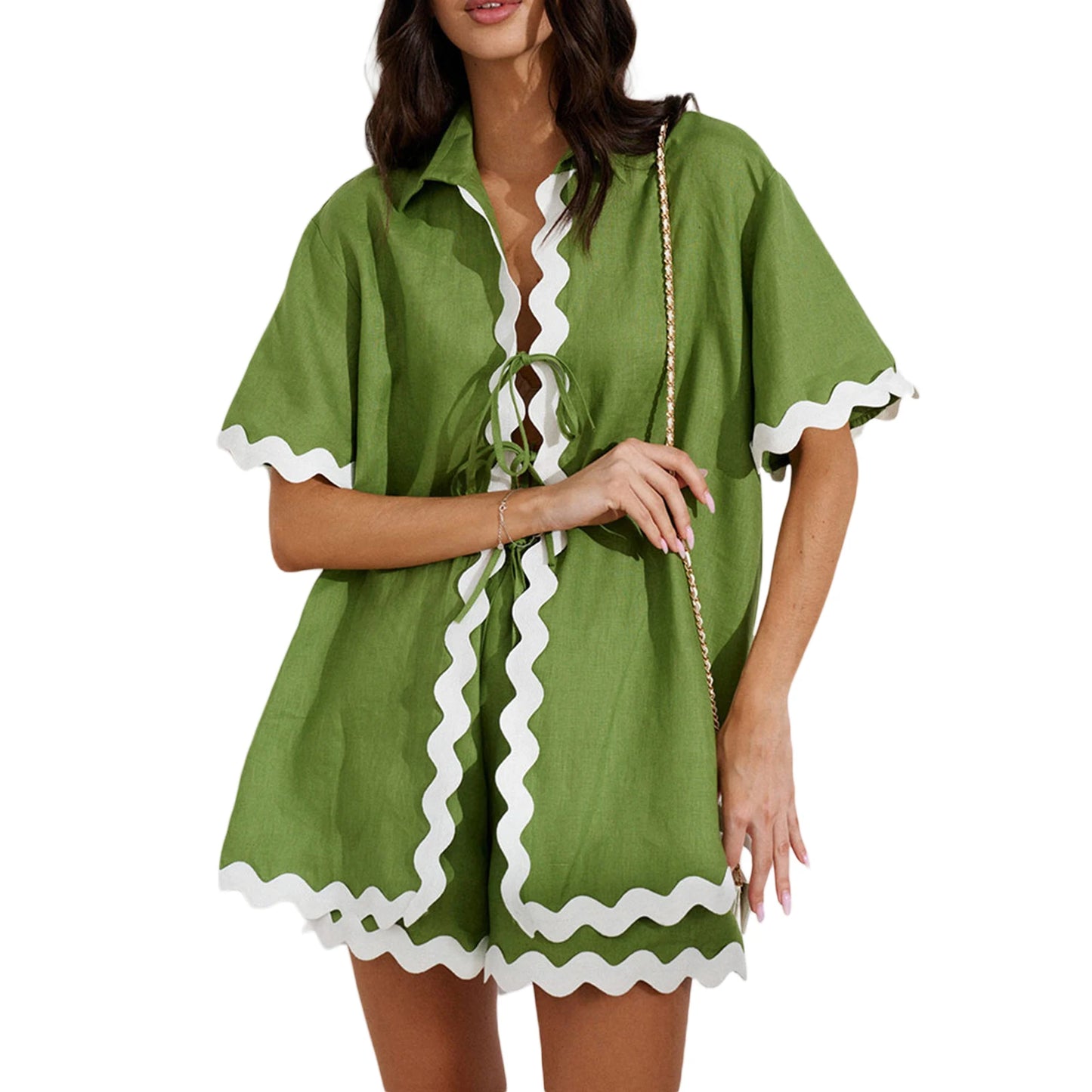 2 Piece Outfit for Women Cozy Pajama Set with Ric Rac Trim and Summer Shorts
