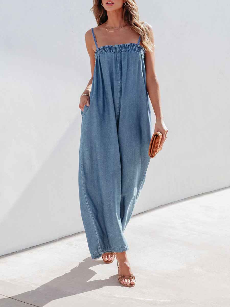 Solid Color Long Romper For Women Featuring Strappy Top And Relaxed Summer Style