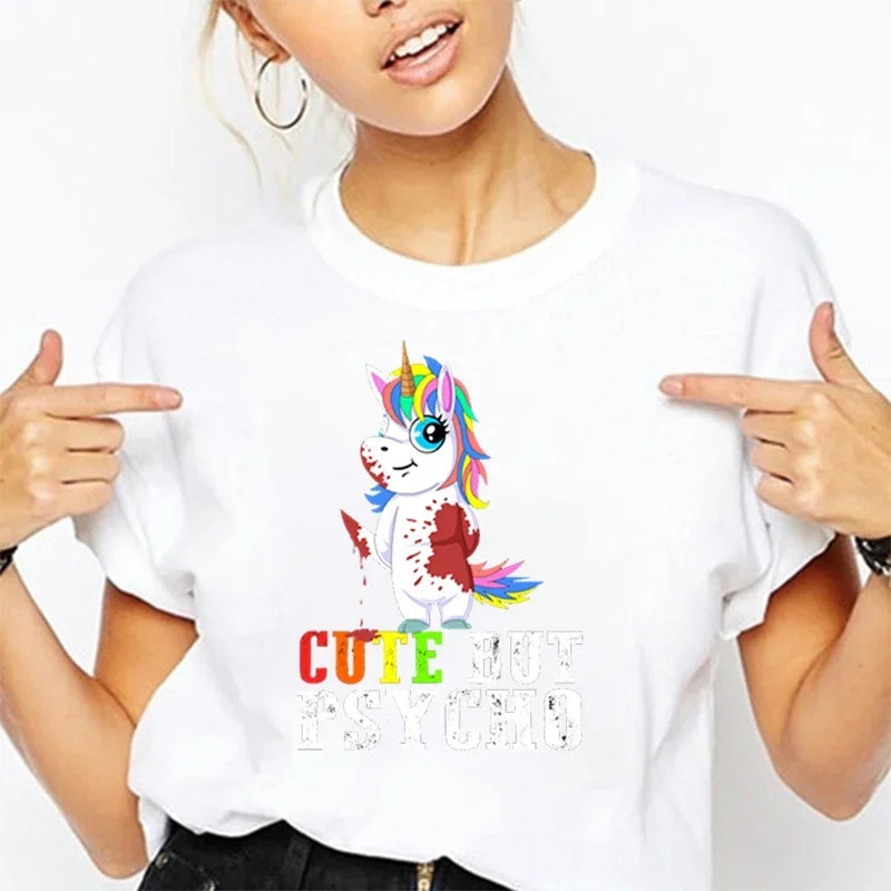MythiCore MoodSwing Tee – Ecliptic Unicorn SketchTop for Offbeat Queens Unicorn Pattern Cute But Psycho Printed T-Shirt Summer Women T Shirt Casual Streetwear Short Sleeve Round Neck Clothes