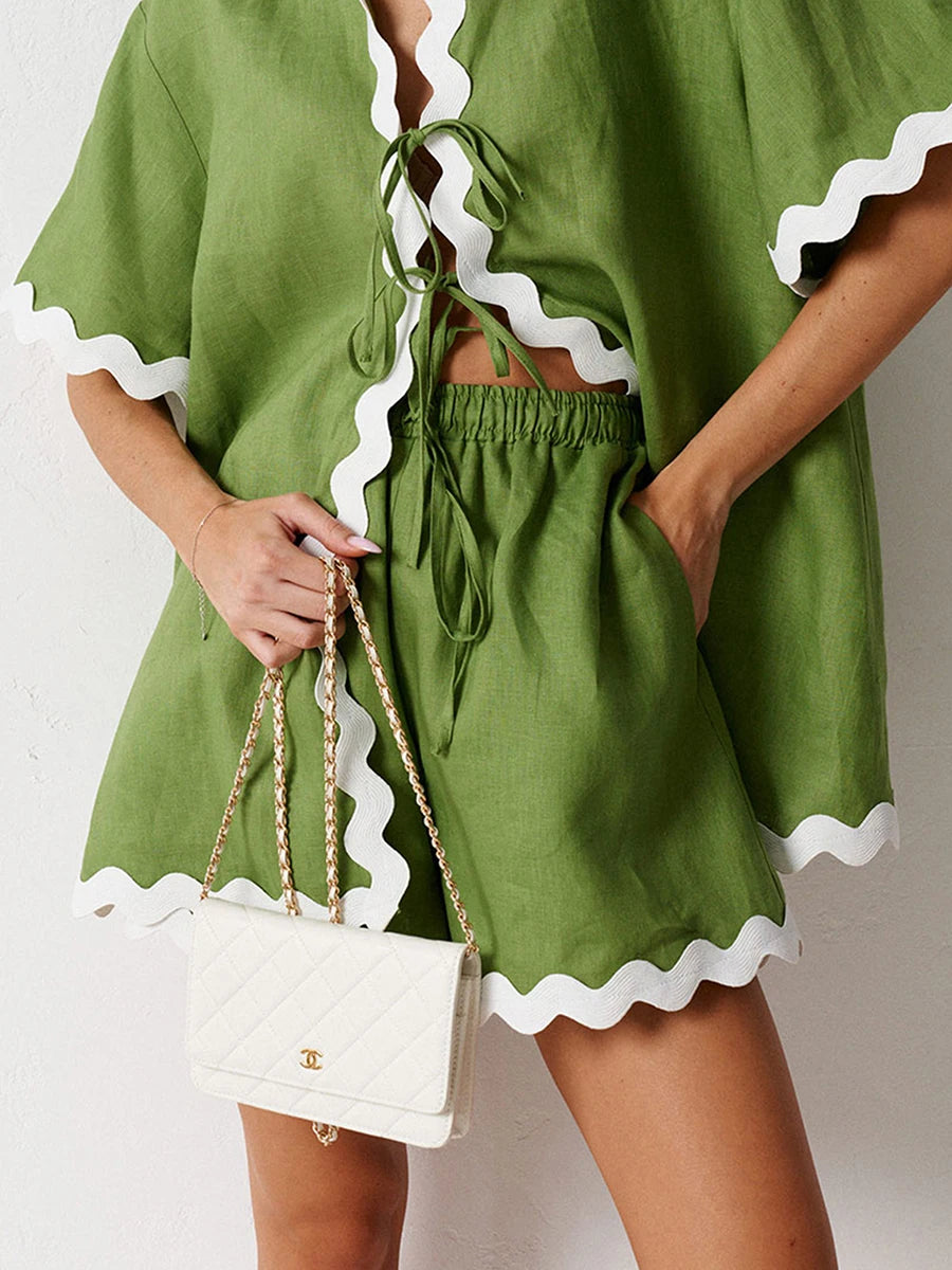 2 Piece Outfit for Women Cozy Pajama Set with Ric Rac Trim and Summer Shorts