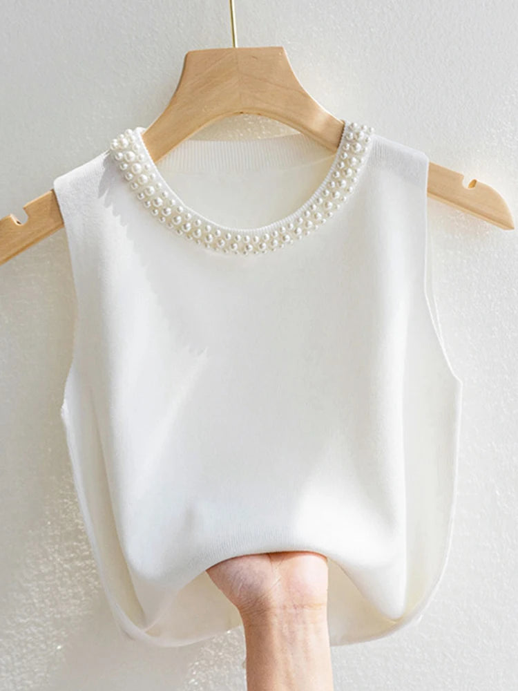 Korean Chic Beaded Knit Tank Top for Women