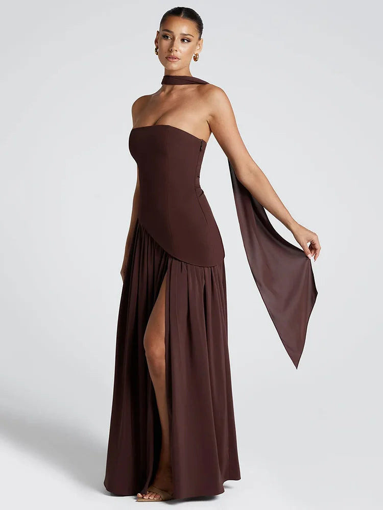 Rococo Revival Strapless Maxi Dress – Off-Shoulder Gown with Scarf Collar and Thigh-High Split