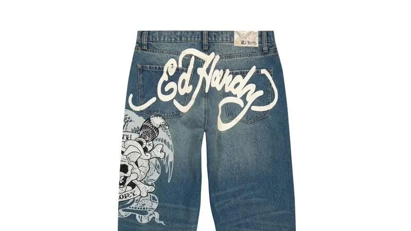 Y2K Streetwear Baggy Blue Jeans With Skull Print And Wide Leg Punk Vibe