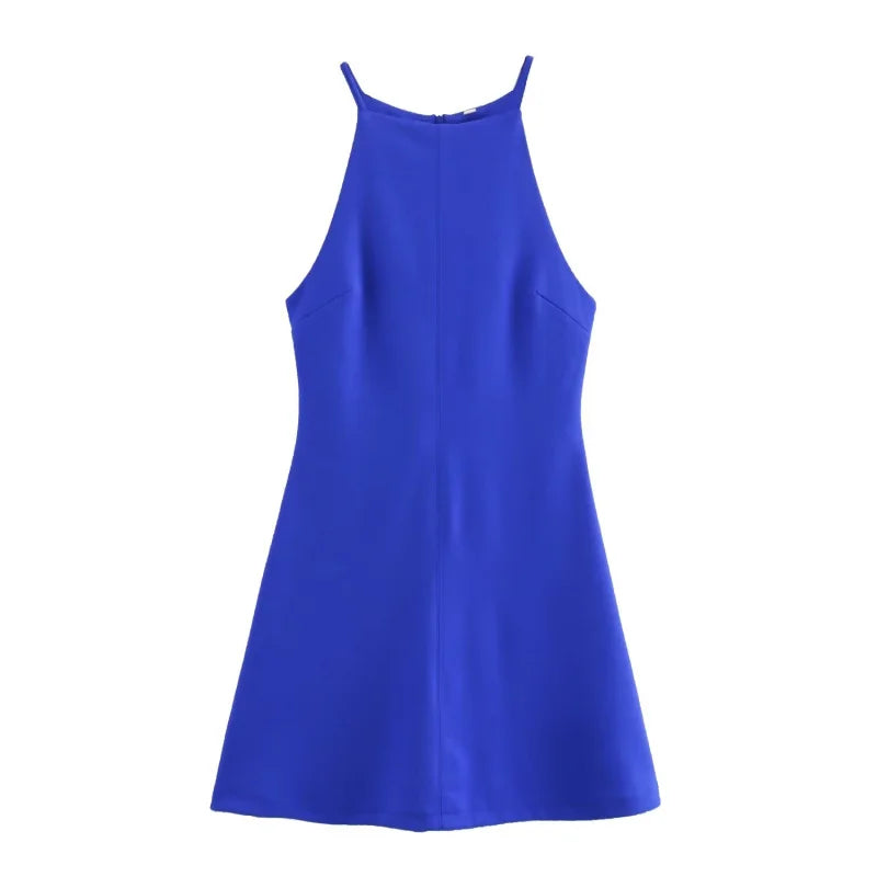 Moto Boho Interlock Halter Dress – Sexy Sleeveless A-Line Fitted Dress in Stretchy Flexible Knitted Fabric