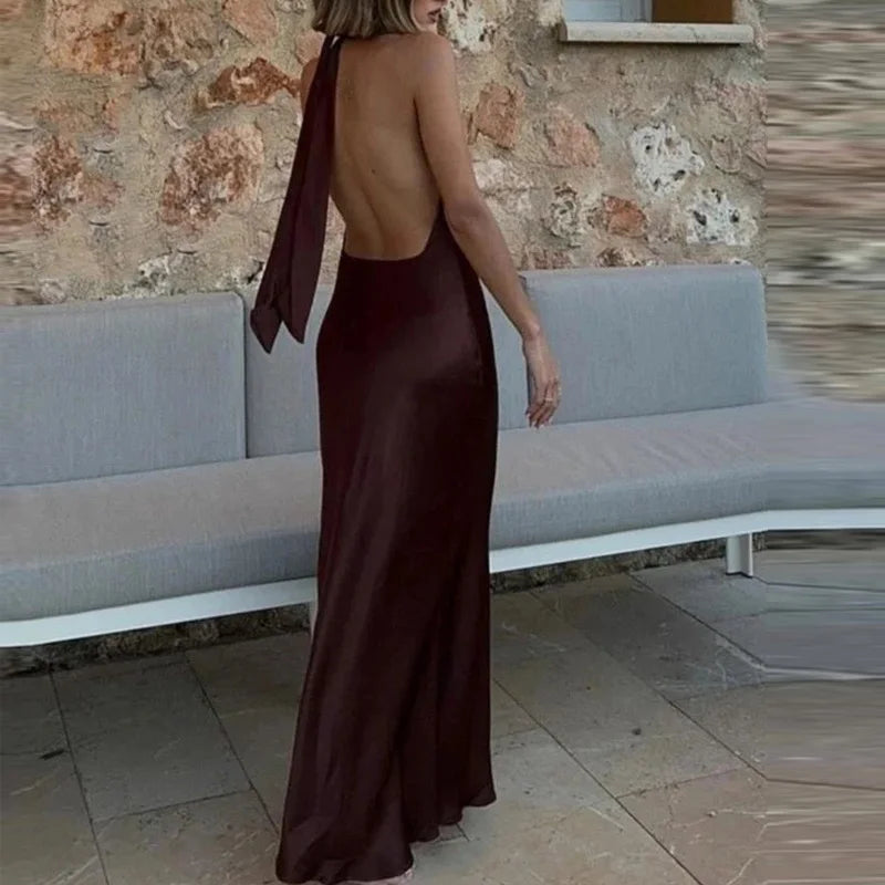 Satin Halter Backless Midi Dress – Brown Pleated Tie-Back Summer Party Dress for Women, Elegant 2025 Evening Look