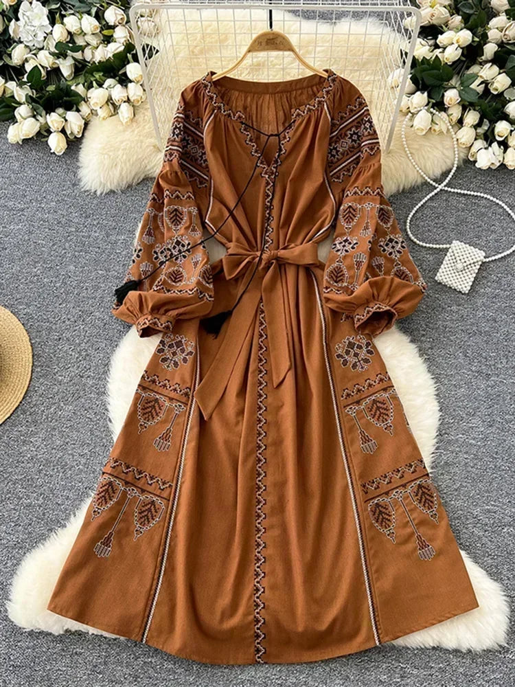 Bohemian Long Dress With Ethnic Embroidery And Cinched Waist For Spring Outfits