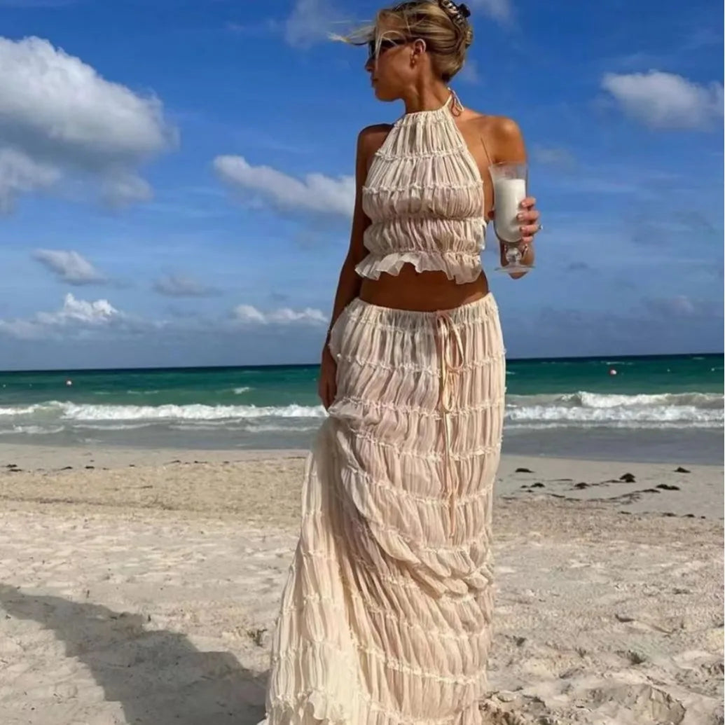 Chic Lace Up Backless Halter Top And Long Fold Maxi Skirt Set For Trendy Summer Style